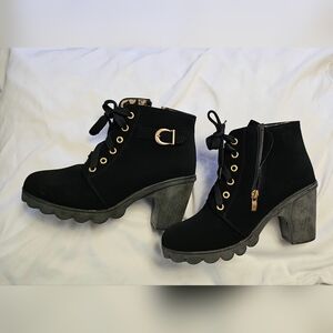 Women's Black Lace-Up Heeled Ankle Boots with Gold Details